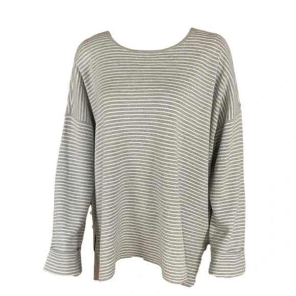 Eileen Fisher striped sweater Medium gray white cotton nylon silk blend - Picture 2 of 11